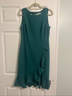 Calvin Klein Teal Sleeveless Midi Dress with Cascade Ruffle